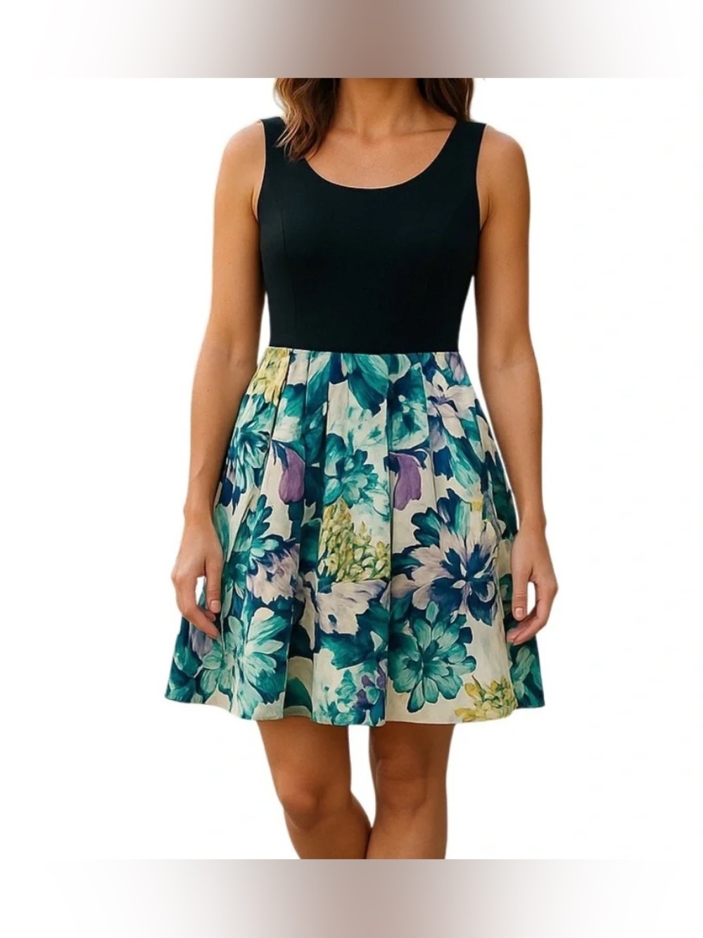 Eliza J Black Bodice Floral Skater Dress in Teal and Cream